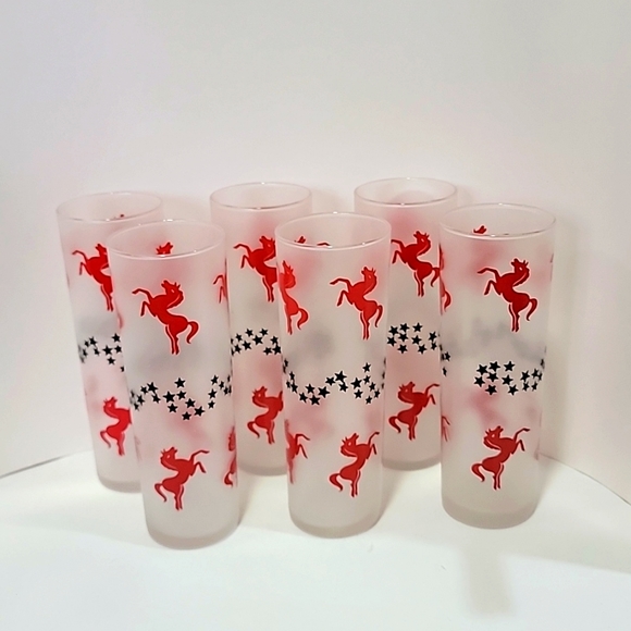 Libbey Dining Mcm Set Of Six Libbey Red Horses Black Stars Frosted